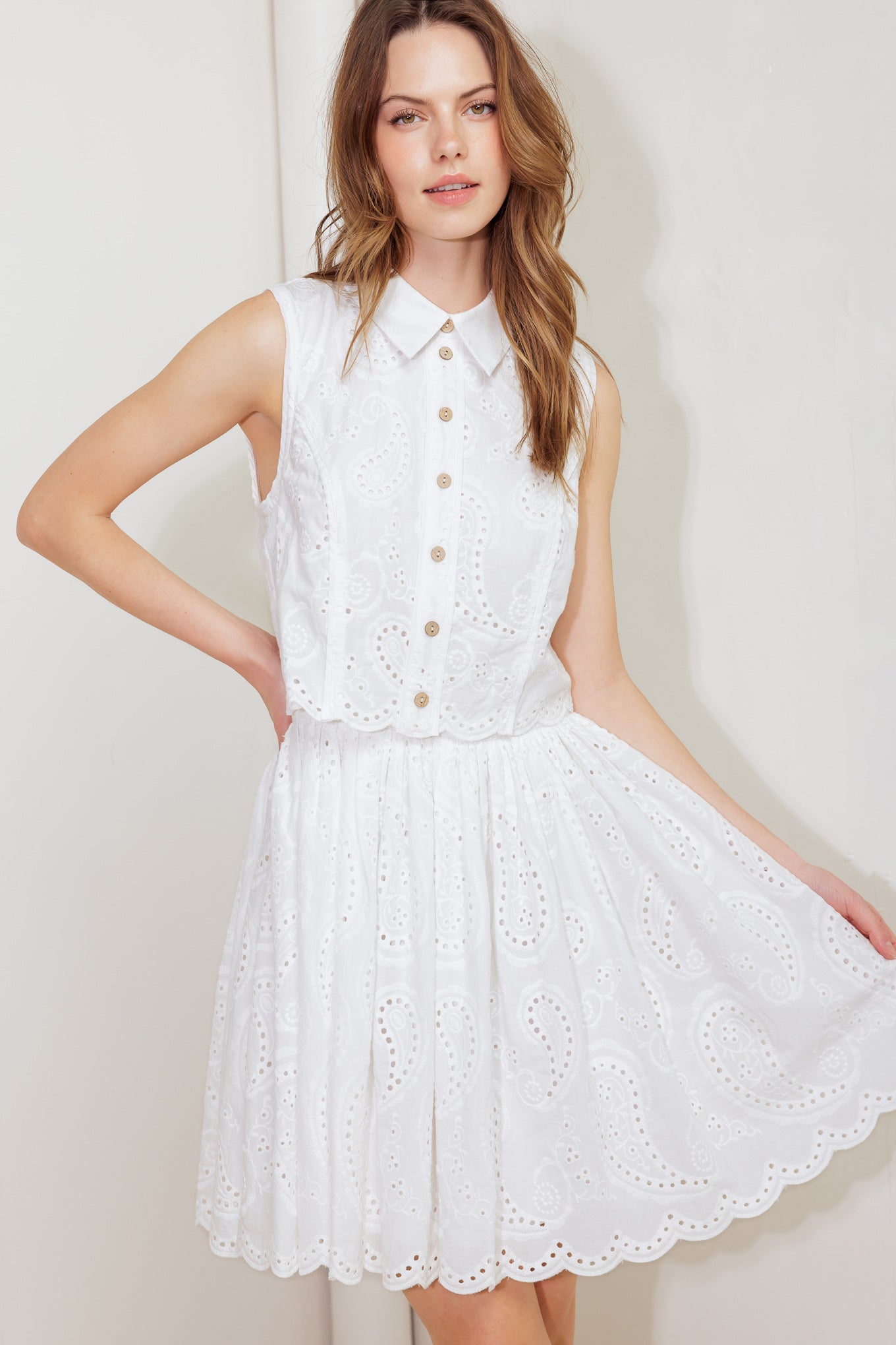 LEAF KISS WHITE WOVEN EYELET MINI DRESS Flying Tomato